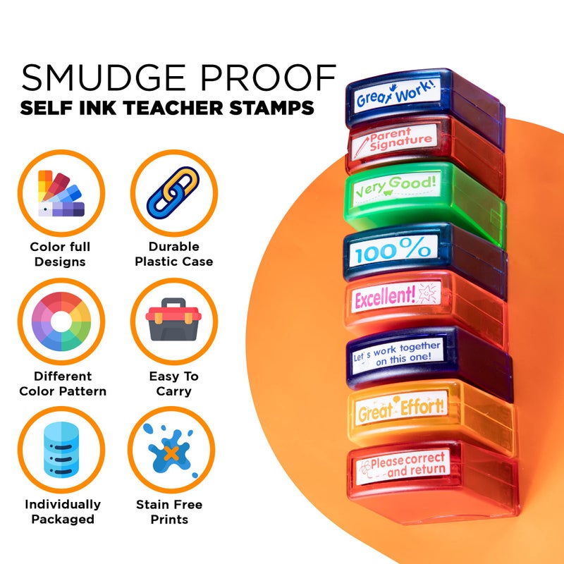 Tickselect Teacher Stamps for Classroom Grading â€“ 8PCS Self-Inking Rectangular Teacher Stamp â€“ Colorful Stamps for Teachers with Motivational Messages â€“ Perfect Classroom Supplies & Gifts for Homeschool - Image 2