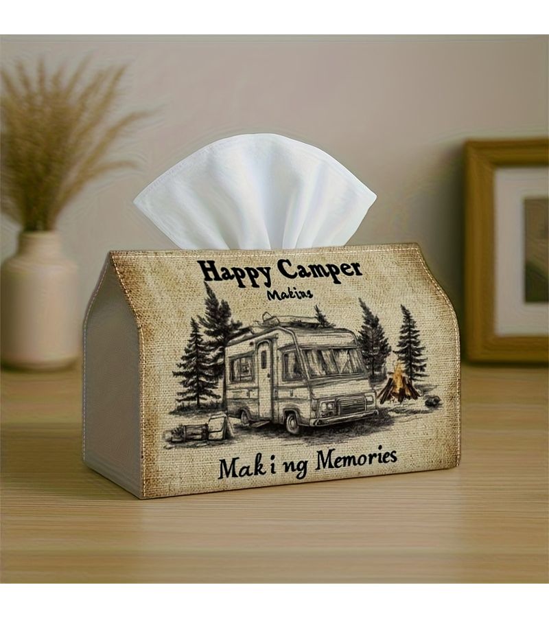 1PC Cheerful Camper Tissue Holder Checkered Top Sturdy Decorative Fabric Dispenser For Kitchen Home - Image 1