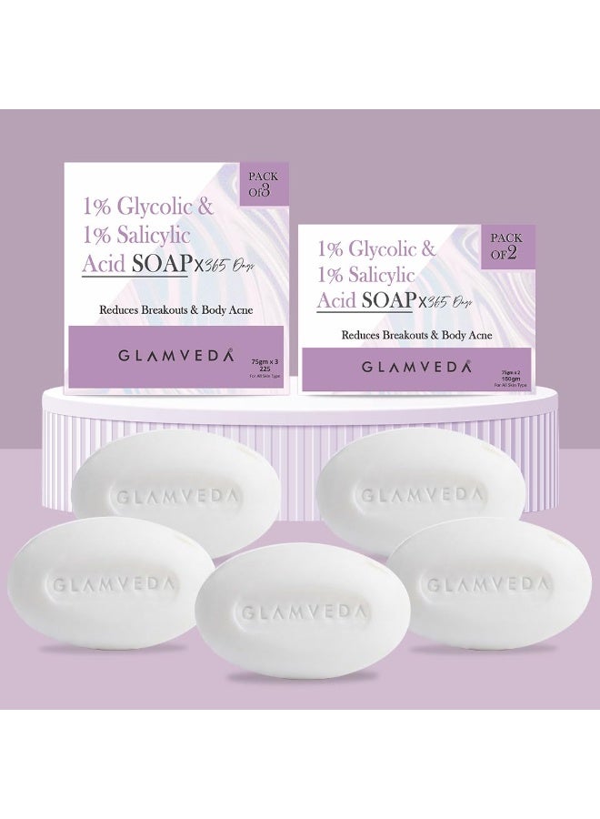 Glamveda Anti Acne 1% Glycolic Acid & 1% Salicylic Acid Soap | Reduces Dark Spots, Acne Scars & Hyperpigmentation - 75gm Pack of 5 - Image 1