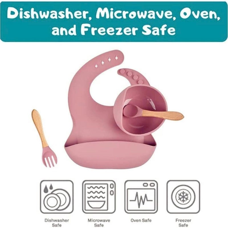 Xacton 6 in 1 Silicone Baby Feeding Set - Suction Plate, Bowl, Cup, Spoon, Fork, and Bib I BPA Free, Dishwasher, Freezer & Microwave Safe I Easy Clean I Feeding Kit for Infants & Toddler (Pink) - Image 1