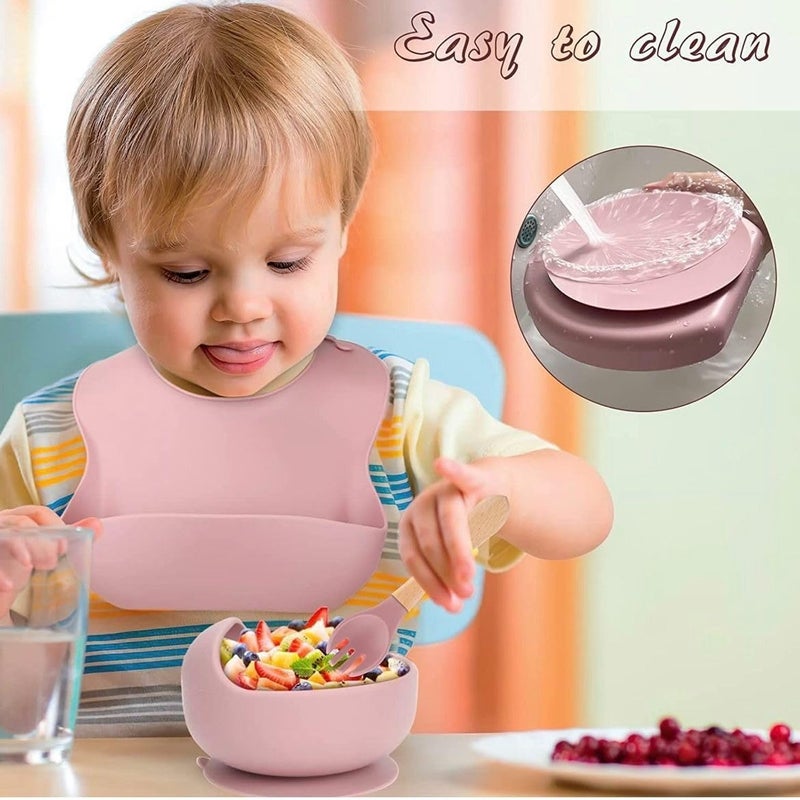 Xacton 6 in 1 Silicone Baby Feeding Set - Suction Plate, Bowl, Cup, Spoon, Fork, and Bib I BPA Free, Dishwasher, Freezer & Microwave Safe I Easy Clean I Feeding Kit for Infants & Toddler (Pink) - Image 2