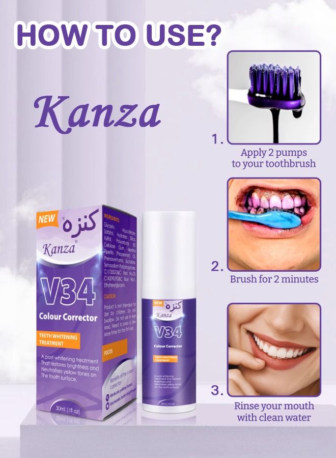 v34 Colour Corrector Purple Toothpaste Teeth Whitening Color Corrector Toothpaste Purple Teeth Whitener Teeth Whitening Booster Purple Whitening Toothpaste Teeth Whitener Tooth Stain Removal 30ml