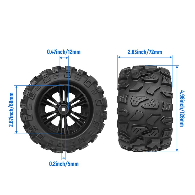 GoHobby 28 PreGlued RC Truck Wheels and Tires 12mm Hex wFoam Inserts for Traxxas Rustler Stampede 4X4 VXL Hoss 4x4 Blackout XTE Pro 110 Scale RC Monster Truck Tyres Set 4Pack - Image 3