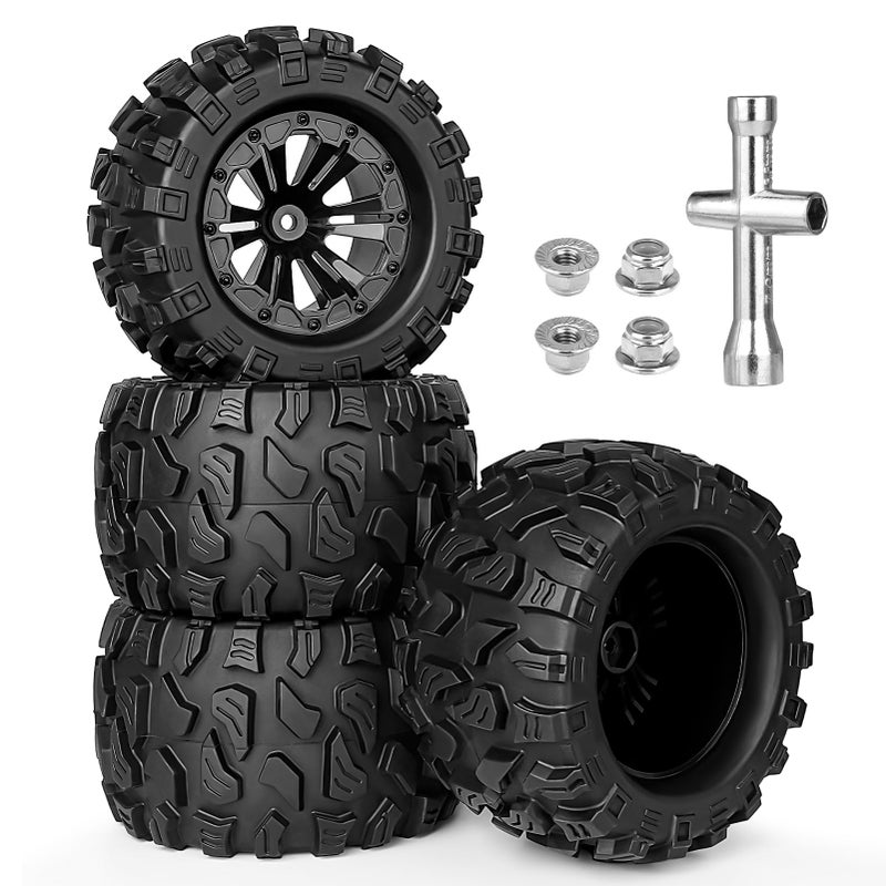 GoHobby 28 PreGlued RC Truck Wheels and Tires 12mm Hex wFoam Inserts for Traxxas Rustler Stampede 4X4 VXL Hoss 4x4 Blackout XTE Pro 110 Scale RC Monster Truck Tyres Set 4Pack - Image 2