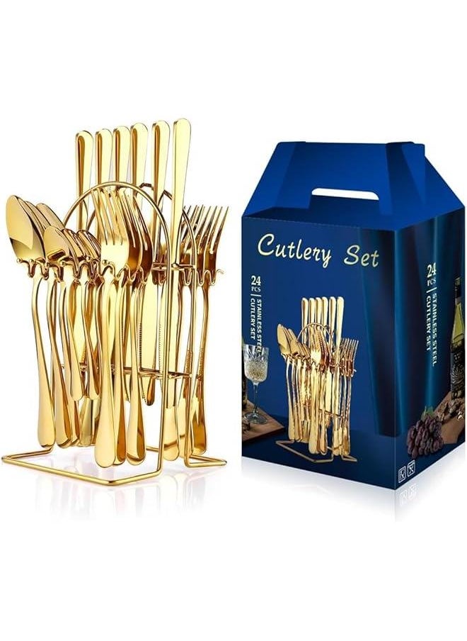 HOOKOR Silverware Set,Tableware,24 Piece Flatware Set With Stand,Stainless Steel Kitchen Utensils Set for 6,Mirror Polished Cutlery Set,Spoon and Fork Set Knife Silverware(Gold)  - Image 1
