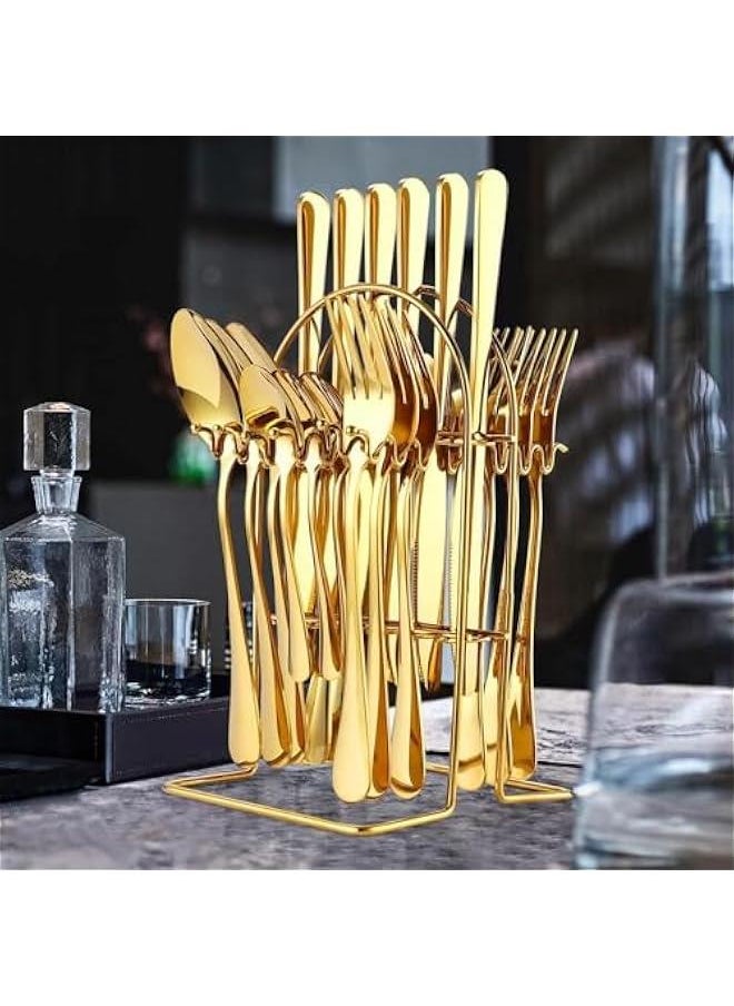 HOOKOR Silverware Set,Tableware,24 Piece Flatware Set With Stand,Stainless Steel Kitchen Utensils Set for 6,Mirror Polished Cutlery Set,Spoon and Fork Set Knife Silverware(Gold)  - Image 2