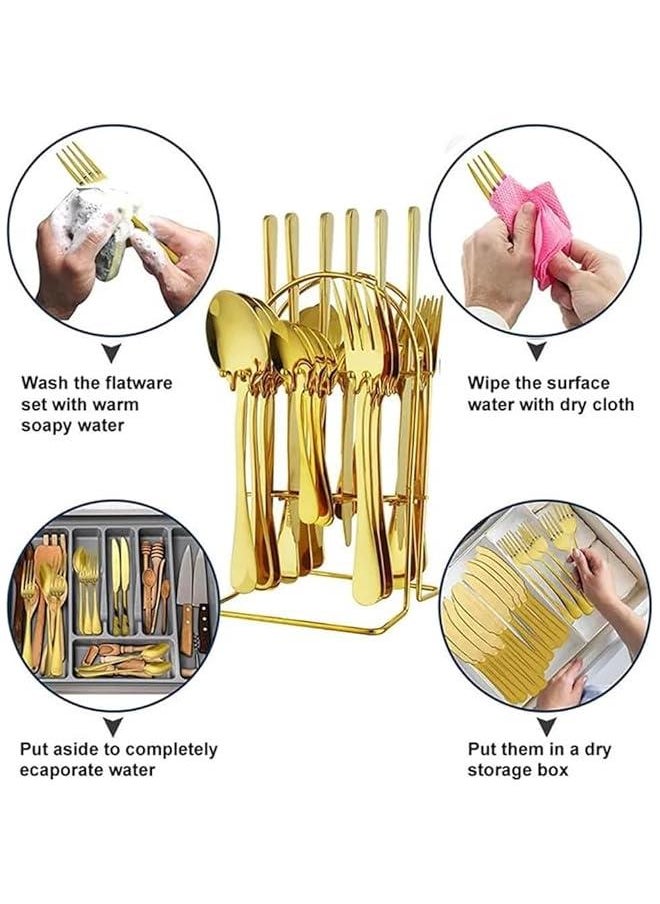HOOKOR Silverware Set,Tableware,24 Piece Flatware Set With Stand,Stainless Steel Kitchen Utensils Set for 6,Mirror Polished Cutlery Set,Spoon and Fork Set Knife Silverware(Gold)  - Image 3