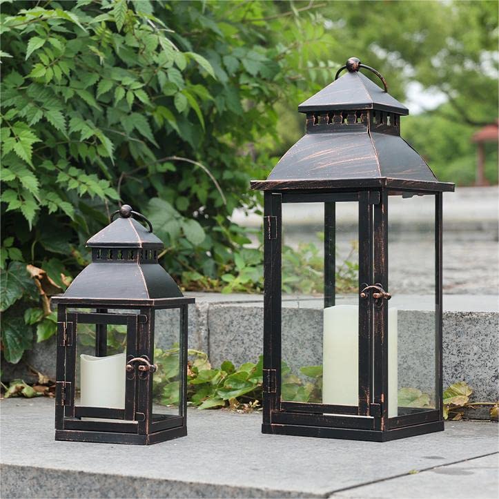 NEEDOMO Lanterns Decorative Outdoor&Indoor, Set of 2 Large Bronze Metal Lantern Decor with Glass, Candle Holder for Porch, Patio, Garden, Balcony, Wedding, Table Centerpiece Decorations - Image 1