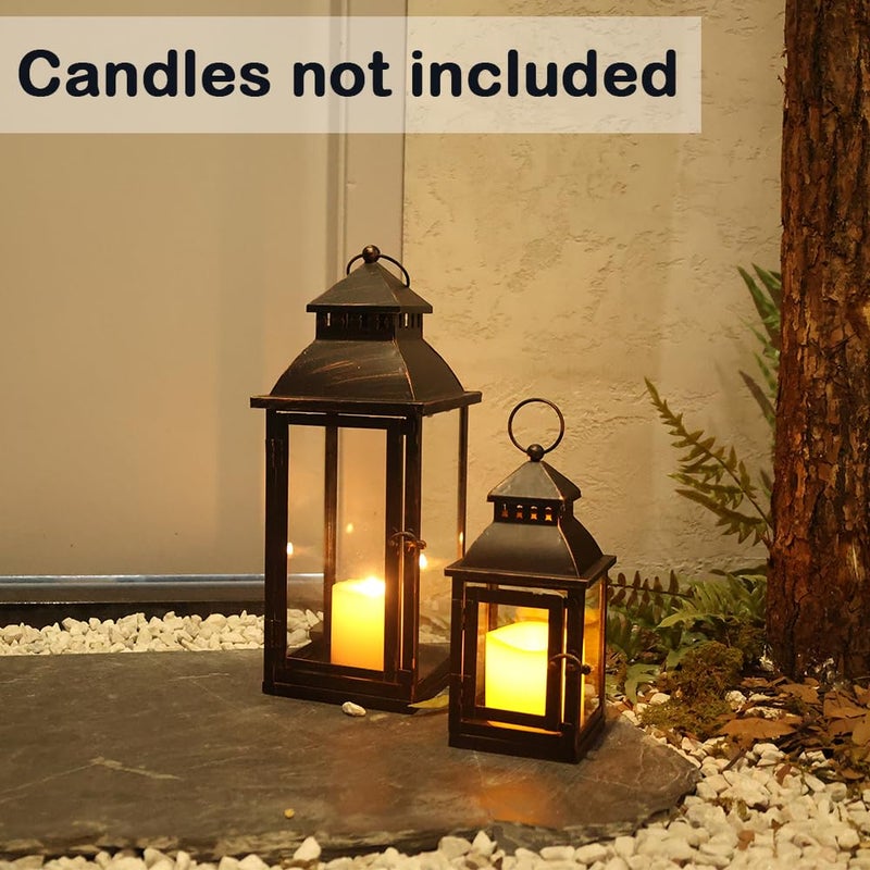 NEEDOMO Lanterns Decorative Outdoor&Indoor, Set of 2 Large Bronze Metal Lantern Decor with Glass, Candle Holder for Porch, Patio, Garden, Balcony, Wedding, Table Centerpiece Decorations - Image 3