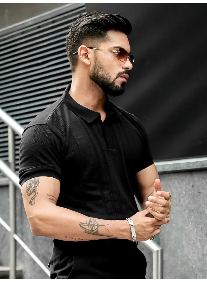 Maniac Mens Solid Textured Polo Neck Half Sleeve Black Cotton T-Shirt