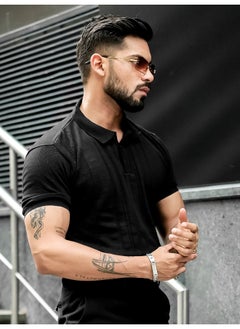 Maniac Mens Solid Textured Polo Neck Half Sleeve Black Cotton T-Shirt  - Image 5