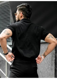 Maniac Mens Solid Textured Polo Neck Half Sleeve Black Cotton T-Shirt  - Image 3