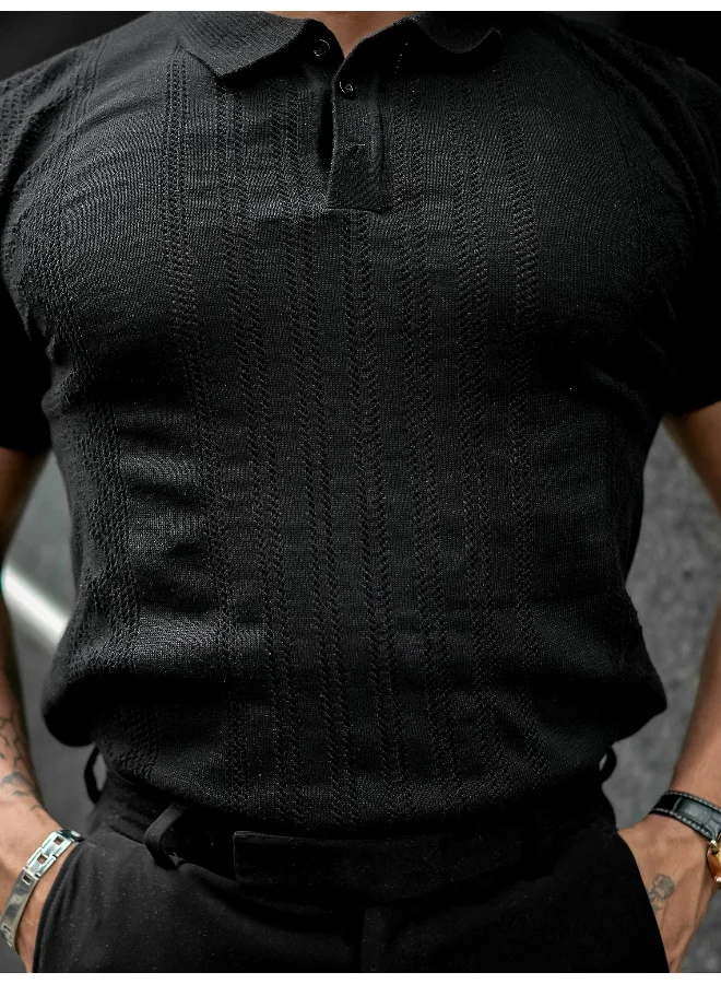 Maniac Mens Solid Textured Polo Neck Half Sleeve Black Cotton T-Shirt