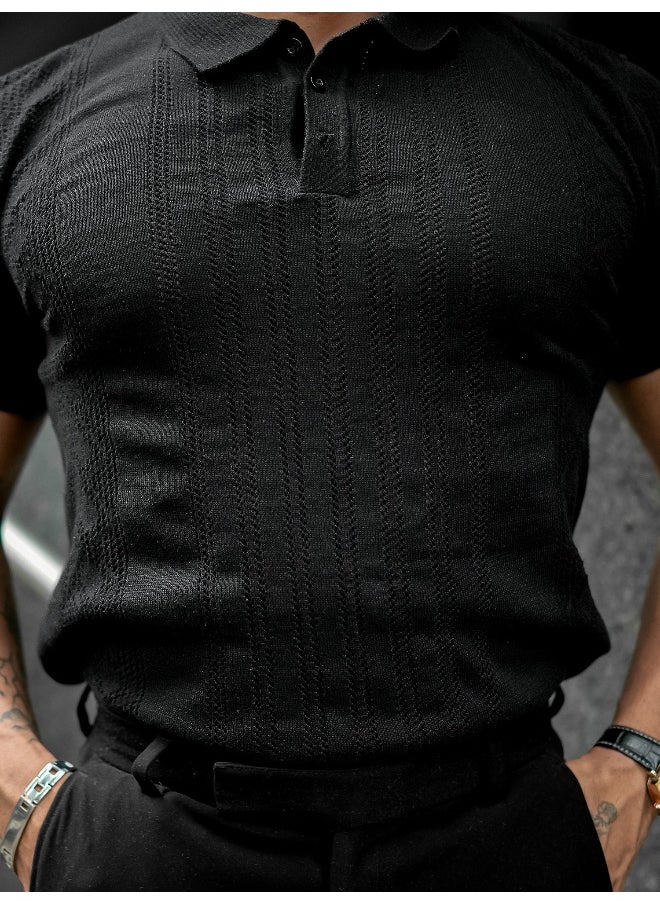 Maniac Mens Solid Textured Polo Neck Half Sleeve Black Cotton T-Shirt  - Image 4