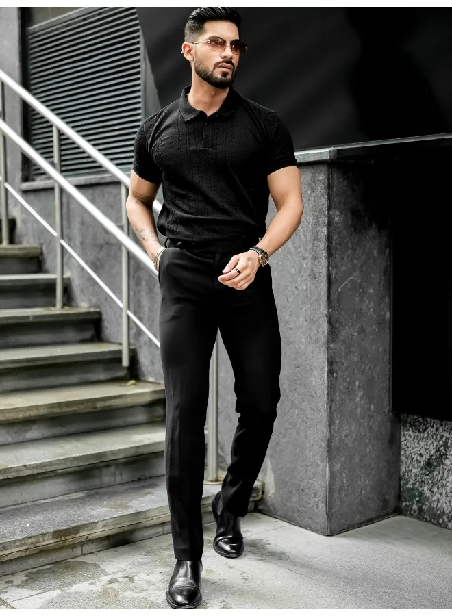 Maniac Mens Solid Textured Polo Neck Half Sleeve Black Cotton T-Shirt