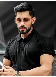 Maniac Mens Solid Textured Polo Neck Half Sleeve Black Cotton T-Shirt  - Image 2