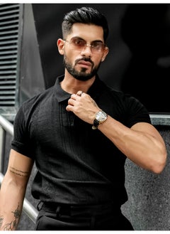 Maniac Mens Solid Textured Polo Neck Half Sleeve Black Cotton T-Shirt  - Image 1