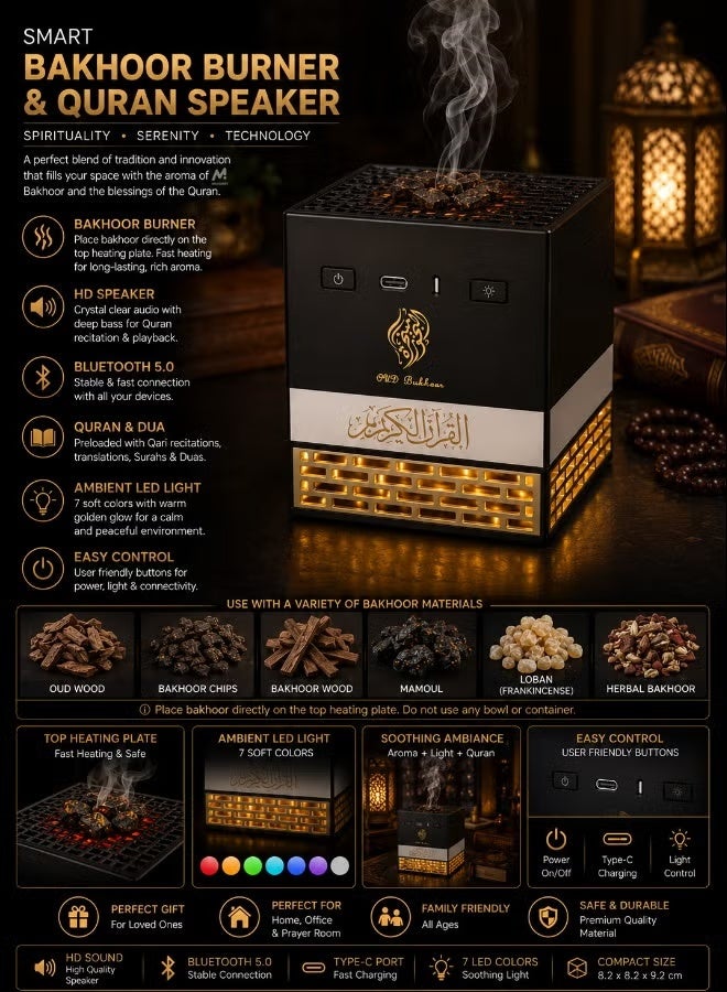 ELTRAZONE 2 in 1 Quran Speaker with Bakhoor Burner, Bluetooth Audio Player, App & Remote Control, Multi LED Lights, 15 Languages, 18 Reciters, 8GB Storage, Black - Image 3