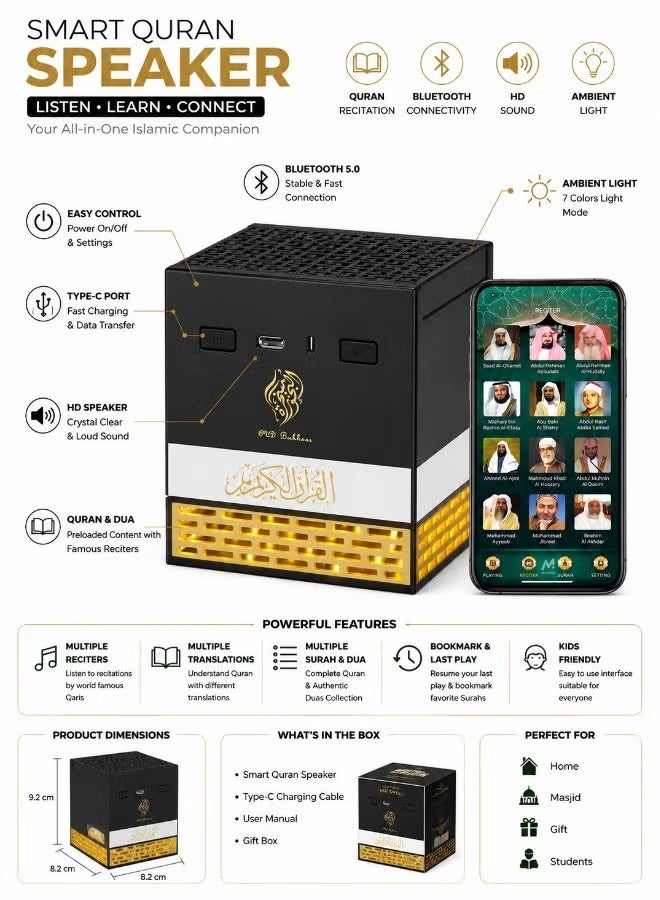 ELTRAZONE 2 in 1 Quran Speaker with Bakhoor Burner, Bluetooth Audio Player, App & Remote Control, Multi LED Lights, 15 Languages, 18 Reciters, 8GB Storage, Black - Image 2