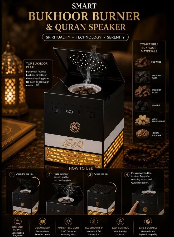 ELTRAZONE 2 in 1 Quran Speaker with Bakhoor Burner, Bluetooth Audio Player, App & Remote Control, Multi LED Lights, 15 Languages, 18 Reciters, 8GB Storage, Black - Image 4