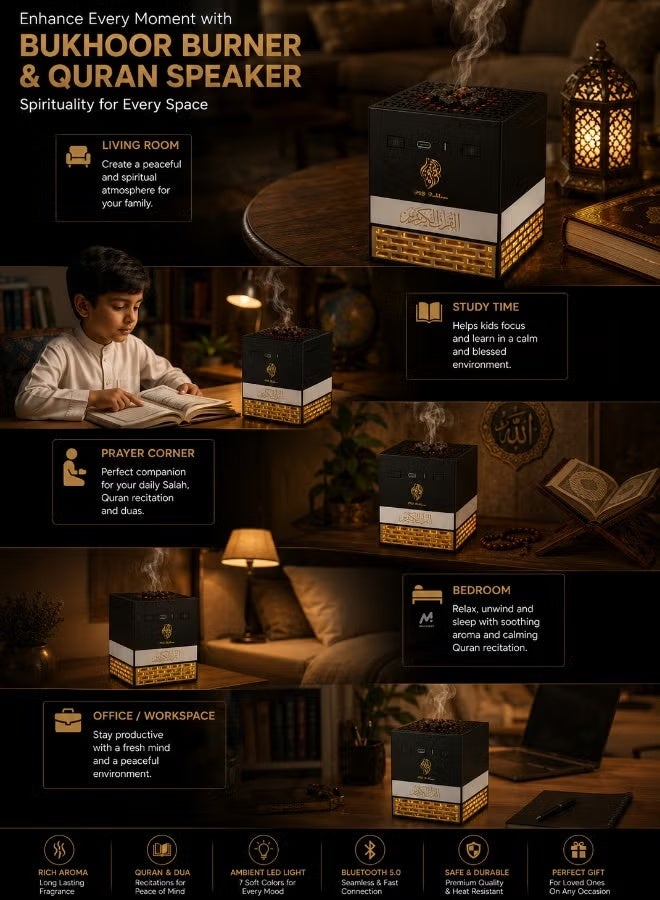 ELTRAZONE 2 in 1 Quran Speaker with Bakhoor Burner, Bluetooth Audio Player, App & Remote Control, Multi LED Lights, 15 Languages, 18 Reciters, 8GB Storage, Black - Image 5