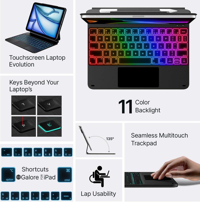 typecase Edge Keyboard Case for iPad Air 11-inch(M4/M3/M2, 2026/2025/2024), iPad Pro 11-inch(4th/3rd/2nd/1st Gen) & iPad Air 10.9-inch 5/4th Gen, Multi-Touch Trackpad, 11-Color Backlight, Black - Image 5