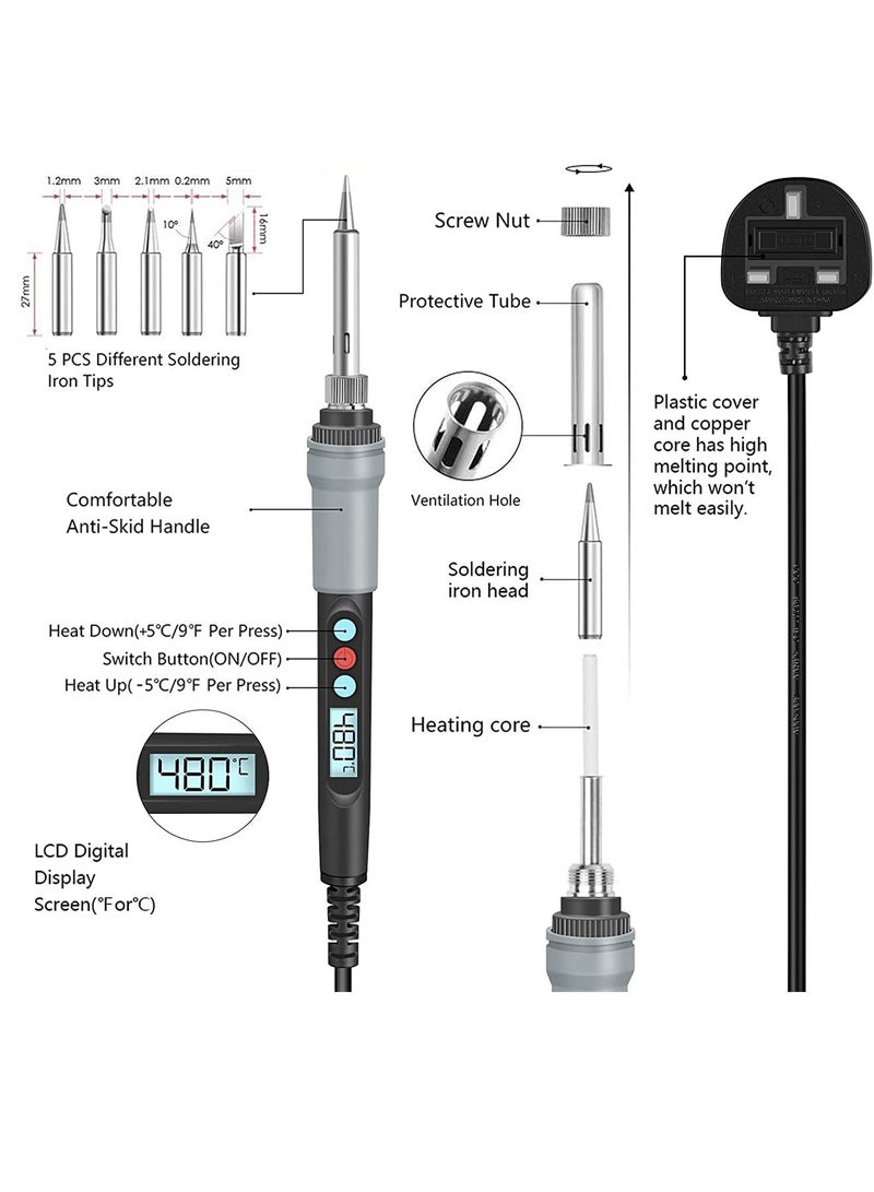 HOMESTAR Soldering Iron Kit, 90W Adjustable Temperature Soldering-Iron Gun Kit Welding Tool with 5 Tips, Desoldering Pump, Tin Wire Tube, Stand, Tweezers - Image 2