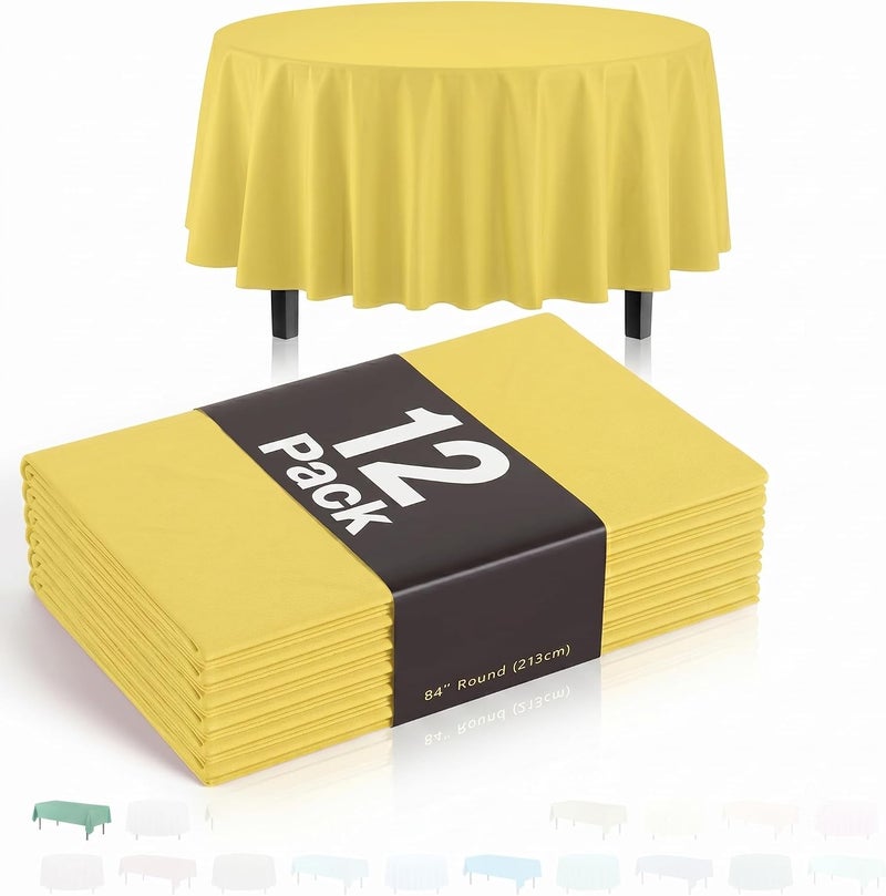 Exquisite 12-Pack Premium Plastic Tablecloth 84in. Round Table Cover - Light Yellow - Image 1