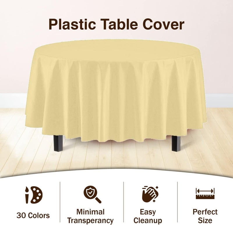 Exquisite 12-Pack Premium Plastic Tablecloth 84in. Round Table Cover - Light Yellow - Image 3