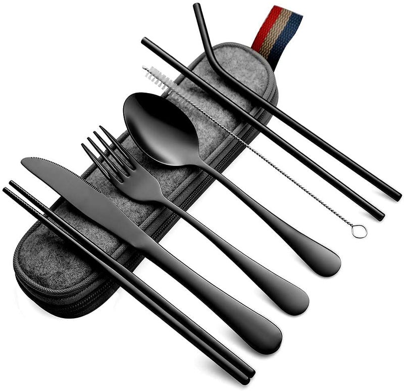 KITOME Portable Utensils, Travel Camping Cutlery Set, 8-Piece Including Knife Fork Spoon Chopsticks Cleaning Brush Straws Portable Case, Stainless Steel Flatware Set (Black) - Image 1