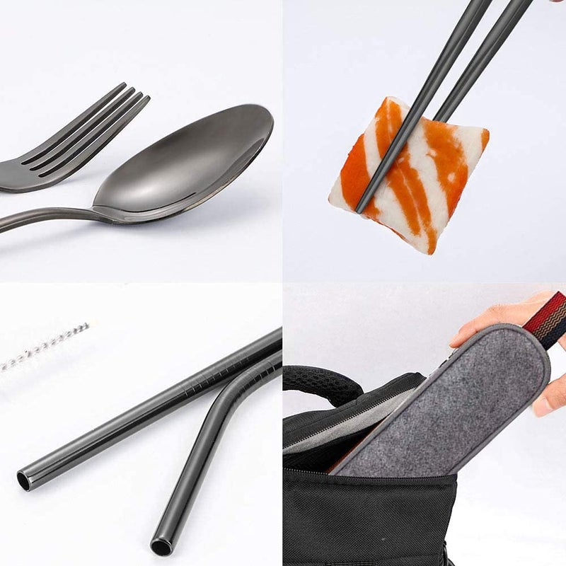 KITOME Portable Utensils, Travel Camping Cutlery Set, 8-Piece Including Knife Fork Spoon Chopsticks Cleaning Brush Straws Portable Case, Stainless Steel Flatware Set (Black) - Image 3