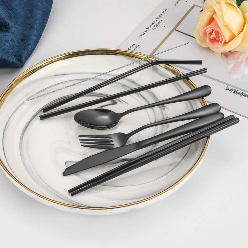 KITOME Portable Utensils, Travel Camping Cutlery Set, 8-Piece Including Knife Fork Spoon Chopsticks Cleaning Brush Straws Portable Case, Stainless Steel Flatware Set (Black) - Image 2