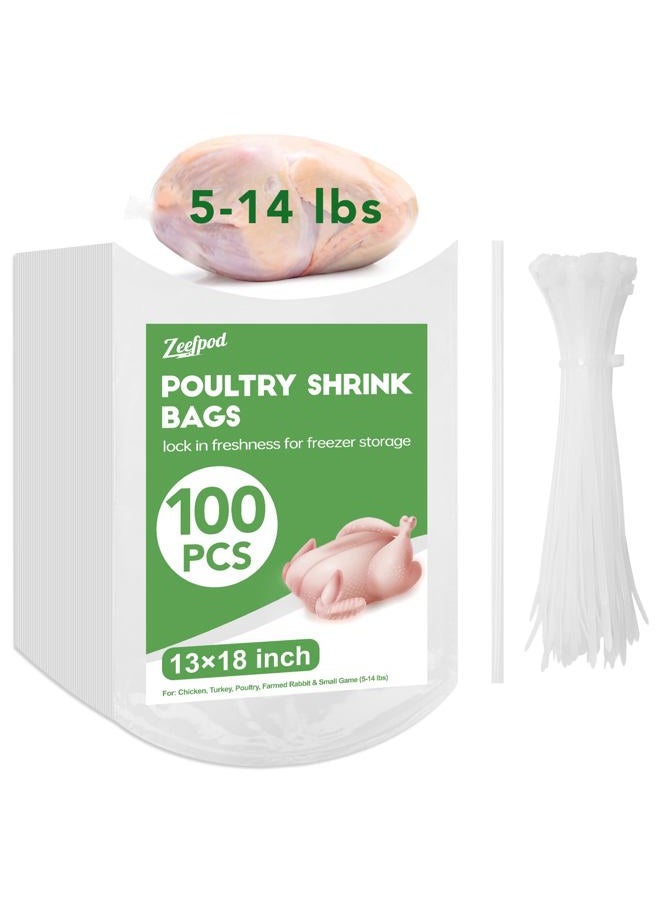 Zeefpod Poultry Shrink Bags,100 Pack,13x18Inches Clear Poultry Heat Shrink Wrap Chicken Bags for Freezer With 100 Zip Ties,a Silicone Straw for Chickens,Turkey,Rabbits(5-14 lbs) - Image 1