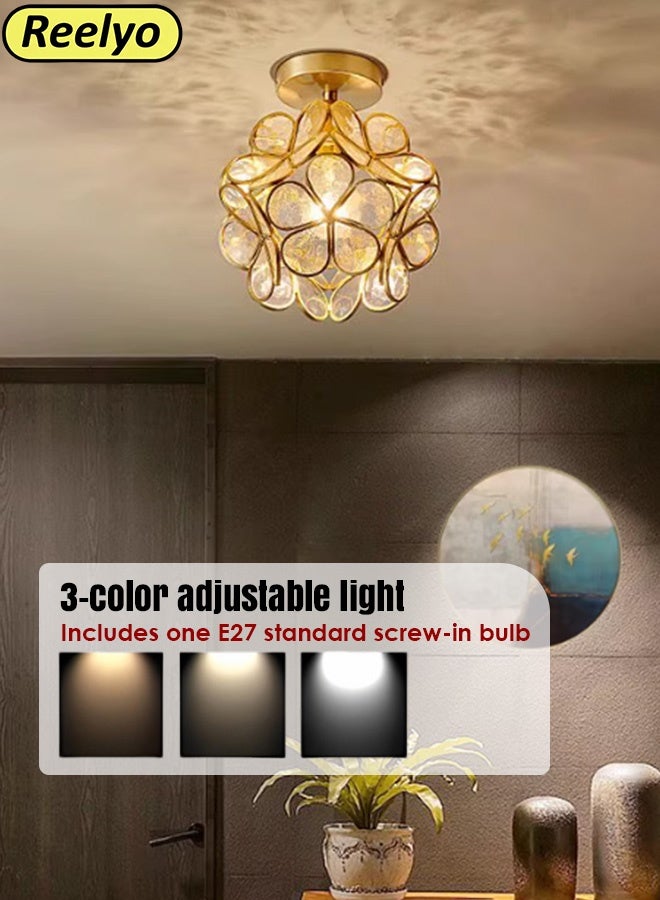 Reelyo Modern Floral Petal Ceiling Light Fixture, 3-Color Lighting, Clear Floral Cluster  Flush Mount Ceiling Light, Metal Frame Boho Moravian Elegant Floral Combination Flush Mount Ceiling Light Fixture, Dimmable Hallway Light, Surface & Recessed Mount, E27 Lamp Base for Aisle, Closet, Entryway, Corridor, Staircase, Bedroom, Balcony, Kitchen, Porch, Kids Room (Gold + Clear) - Image 1
