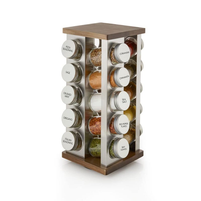 Kamenstein 20 Jar Vintage Revolving Countertop Spice Rack Organizer with Spices Included FREE Spice Refills for 5 Years Wood and Stainless Steel with Metal Caps