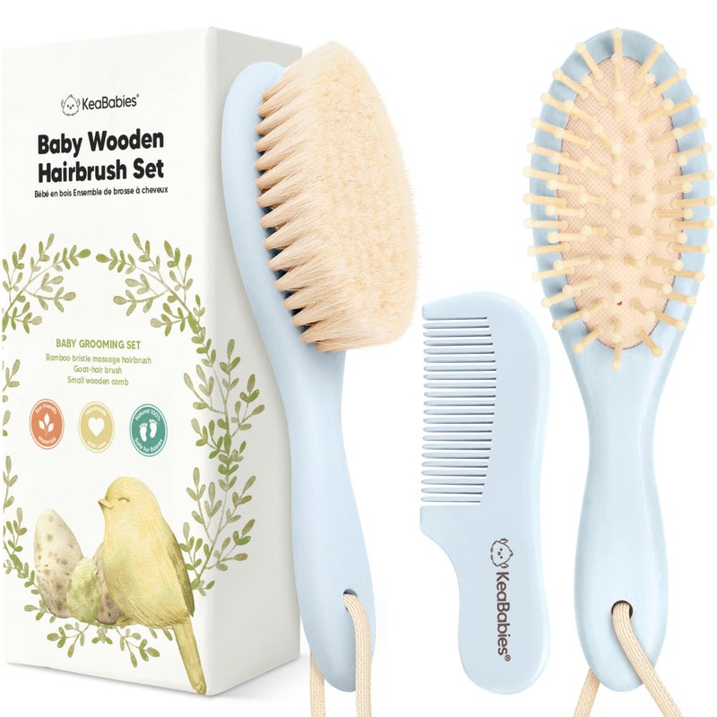 KeaBabies Baby Hair Brush and Comb Set for Newborn - Wooden Baby Hair Brush Set with Soft Goat Bristle, Baby Brush Set for Newborns, Baby Brush and Comb Set Girl, Boy, Toddler Cradle Cap Brush (Oval, Frost) - Image 1