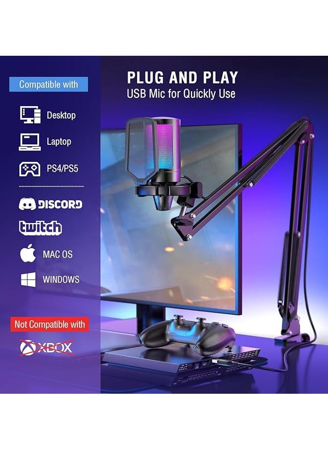Arabest - Gaming PC USB Microphone, Podcast Condenser Mic with Boom Arm, Pop Filter, Mute Button for Streaming, Twitch, Online Chat, RGB Computer Mic for PS4/5 PC Gamer Youtuber-AmpliGame A6T - Image 1
