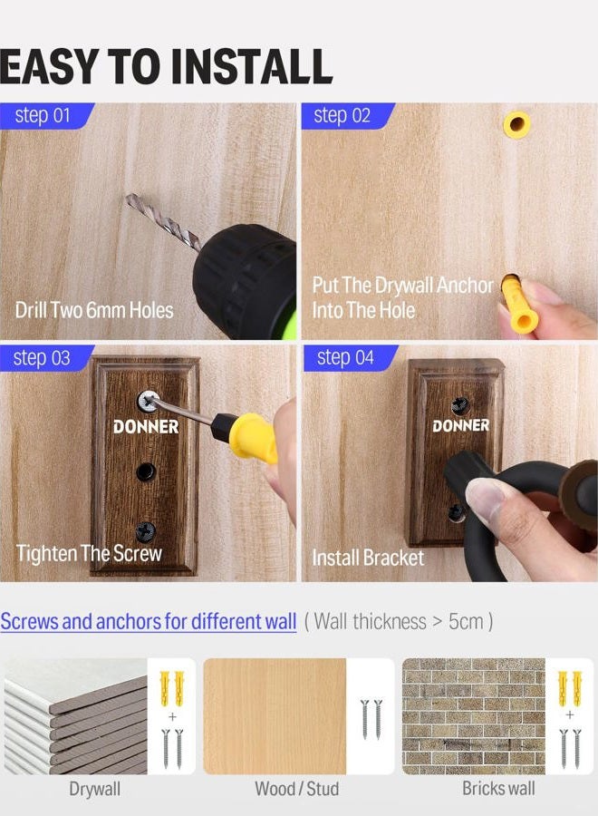 Donner Guitar Wall Mount Hanger 3 Pack, Guitar Wall Holder Black Walnut for Acoustic Electric Guitars, Bass, Folk Ukulele, Violin, Mandolin Banjo and String Instruments - Image 5