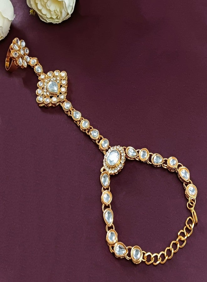 Efulgenz Indian Hand Chain Finger Ring Bracelet Indian Kundan Finger Ring Link Chain Wedding Bridal Hand Harness Slave Bollywood Bracelet Jewelry - Image 2
