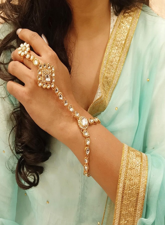 Efulgenz Indian Hand Chain Finger Ring Bracelet Indian Kundan Finger Ring Link Chain Wedding Bridal Hand Harness Slave Bollywood Bracelet Jewelry - Image 3