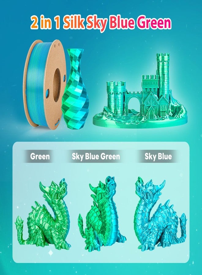 3Dgenius Silk Dual Color PLA Filament 1.75mm, 2-in-1 Coextruded Shiny Multicolor 3D Printer Filament, 1KG(2.2lbs) Spool, Silk Sky Blue/Green, Clog-Free & Bubble-Free for FDM 3D Printers - Image 4