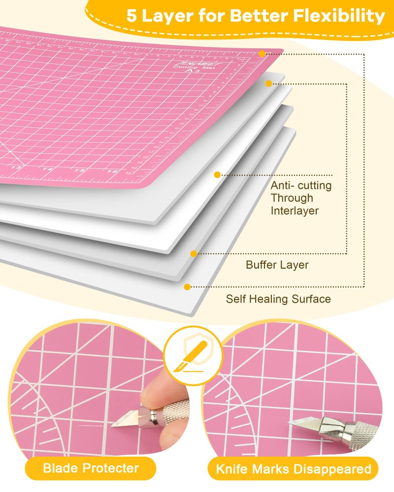 Idemeet Density-upgraded 18"x12" Self Healing Cutting Mat, Idemeet Rotary Sewing Mat for Crafts, 5-Ply Blade Table Protector Cut Board for Fabric Leather Cutting Quilting Modeling Hobby Project, A3, Pink - Image 5