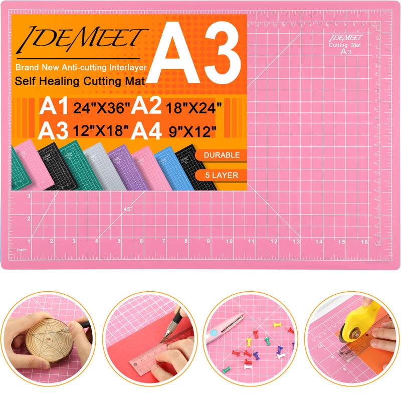 Idemeet Density-upgraded 18"x12" Self Healing Cutting Mat, Idemeet Rotary Sewing Mat for Crafts, 5-Ply Blade Table Protector Cut Board for Fabric Leather Cutting Quilting Modeling Hobby Project, A3, Pink - Image 1