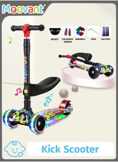 2 in 1 Kick Scooter, 3 Wheel Foldable Toddlers Scooter with  3 Adjustable Height and Self-Luminous Wheels, Scooters with Removable Seat for Toddlers Kids