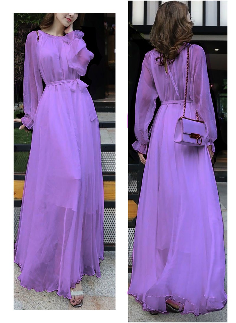 DAINASONG - Women's Dresses,Dresses for Women Stylish Party,Long Sleeve Chiffon Maxi Dress Pleated Bohemian Long Dresses - Image 1