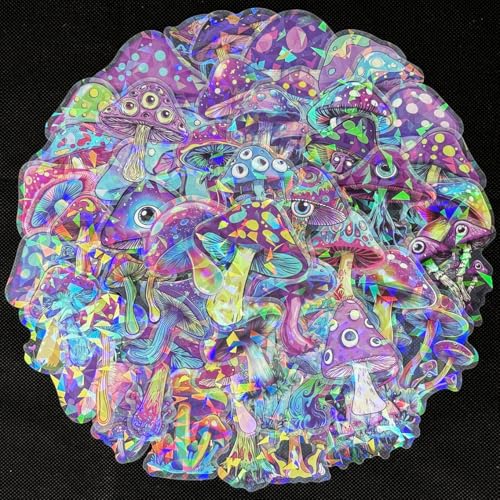 WASHBO 50 Pcs Mushroom Holographic Stickers for Teens Transparent Waterproof PET Stickers for Journal Phone Case Cup Laptop Scrapbook Ins Aesthetic Scrapbook Decorations - Image 1
