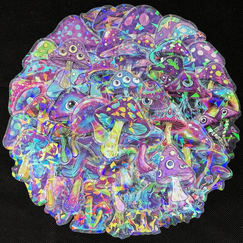 WASHBO 50 Pcs Mushroom Holographic Stickers for Teens Transparent Waterproof PET Stickers for Journal Phone Case Cup Laptop Scrapbook Ins Aesthetic Scrapbook Decorations - Image 3