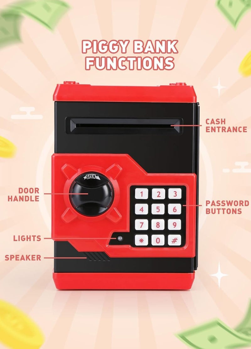PLAYSHEEK Piggy Bank for Girls Boys Large Electronic Money Coin Banks with Password Protection, Automatic Paper Money Scroll Saving Box, Great Gift for Kids (Black-Red) - Image 4
