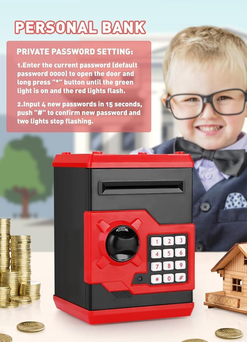 PLAYSHEEK Piggy Bank for Girls Boys Large Electronic Money Coin Banks with Password Protection, Automatic Paper Money Scroll Saving Box, Great Gift for Kids (Black-Red) - Image 5