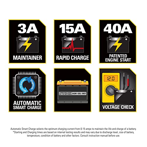 STANLEY BC15BS Fully Automatic 15 Amp 12V Bench Battery Charger/Maintainer with 40A Engine Start, Alternator Check, Cable Clamps - Image 2